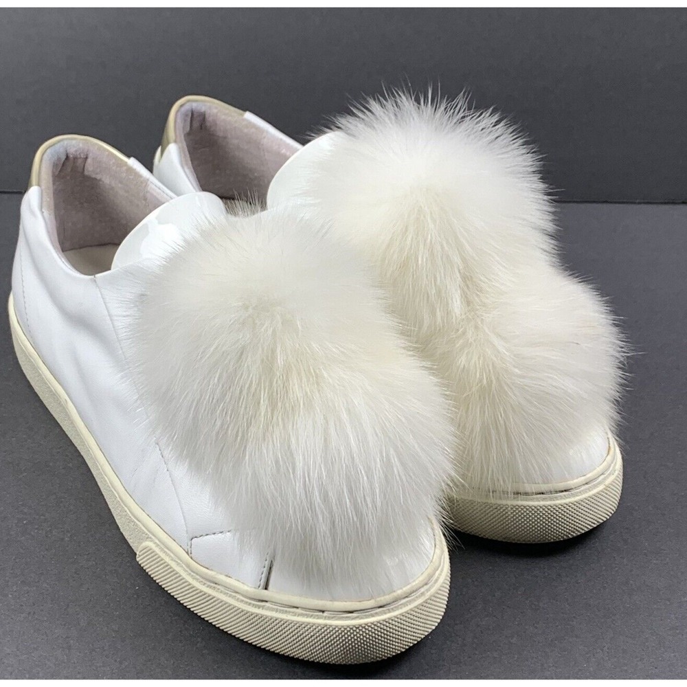 Here Now Fox Fur Pom Sneakers Size 7.5‎ Platform Shoes White Leather Sabrina